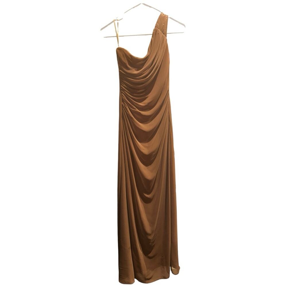 DESSY COLLECTION One Shoulder Ruched Sequin Strap Gown in Latte Size 2
